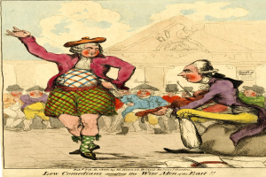 Cartoon eines Mannes in einem Kilt und einer Frau in einem Kleid, die vor einem Publikum auf einer Bühne stehen, mit Text unten, der 'Niedrige Komiker amüsieren die weisen Männer des Ostens' liest.