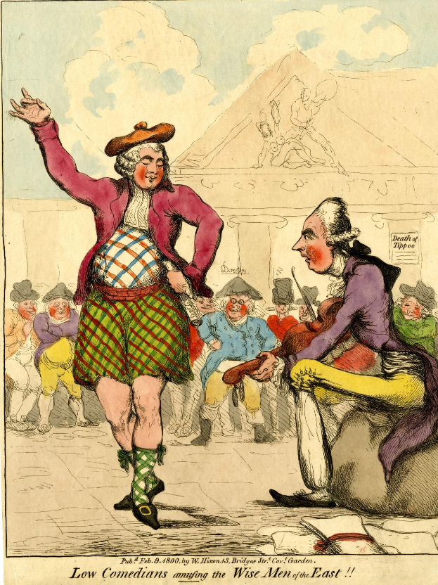 Cartoon eines Mannes in einem Kilt und einer Frau in einem Kleid, die vor einem Publikum auf einer Bühne stehen, mit Text unten, der 'Niedrige Komiker amüsieren die weisen Männer des Ostens' liest.