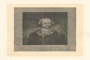 Porträt von George Clinton, dem verstorbenen Gouverneur von New York, in einem Anzug mit zurückgekämmtem Haar, ernstem Gesichtsausdruck, der direkt in die Kamera schaut, mit dem Text 'George Clinton' unten.