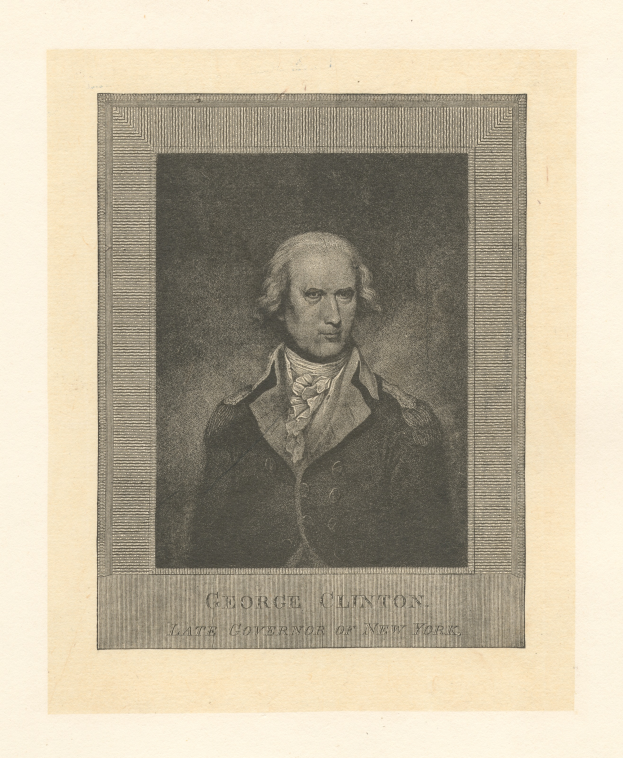 Porträt von George Clinton, dem verstorbenen Gouverneur von New York, in einem Anzug mit zurückgekämmtem Haar, ernstem Gesichtsausdruck, der direkt in die Kamera schaut, mit dem Text 'George Clinton' unten.