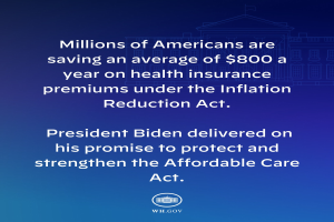 Blauer Hintergrund mit weißer Schrift, die besagt, dass Millionen von Amerikanern durchschnittlich 800 USD pro Jahr an Gesundheitsversicherungsprämien unter dem Inflation Reduction Act sparen, mit einem Logo.