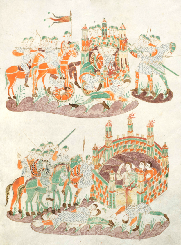 Eine mittelalterliche Manuskriptseite, die eine Kampfszene mit bewaffneten Rittern auf Pferden zeigt, die gegenäber einem von Gras und Bäumen umgebenen Schloss in den Himmel reiten.