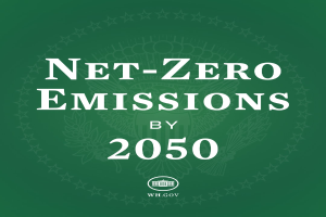 Fetter weißer Text "net-zero emissions by 2050" auf einem soliden grünen Hintergrund.