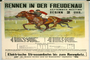 Plakat für ein Pferderennen in Deutschland, das zwei Reiter auf Pferden im Vordergrund und Bäume im Hintergrund zeigt, sowie Text, der Informationen zum Rennen enthält.