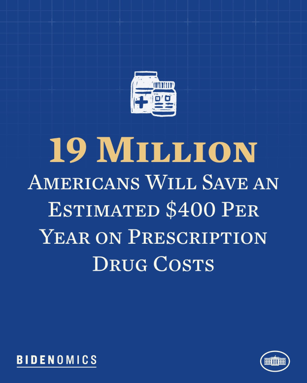 Blauer Hintergrund mit wei├čer Schrift und Logo mit der Aufschrift "19 Millionen Amerikaner sparen sch├Ątzungsweise 400 USD pro Jahr an Arzneimittelkosten".
