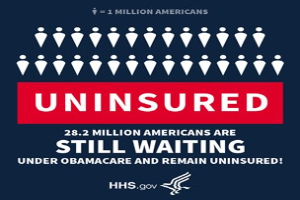 Plakat mit der Aufschrift "28,2 Millionen Amerikaner warten noch unter Obamacare und bleiben unversichert" mit einem Logo unten.