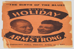 Plakat mit Louis Armstrong und Billie Holiday, die fröhlich lächeln, mit "The Birth of the Blues" oben drauf, im Vintage-Stil mit einem gedämpften Blau- und Grau-Farbschema.