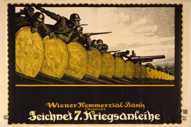 Ein deutsches Propagandaplakat aus dem Zweiten Weltkrieg, das eine Gruppe von Helden mit Waffen zeigt, mit "Wiener Kommmerzial Bank" darunter.