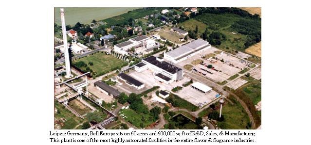 Luftaufnahme eines großen Industriegebiets in Leipzig, Deutschland, beschriftet mit "Bell Europe", das Gebäude, Bäume, Straßen und andere Infrastruktur zeigt.