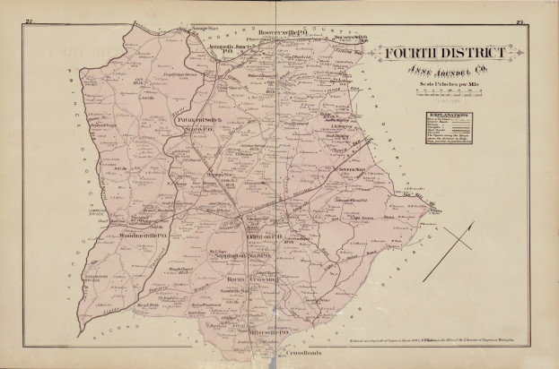 Ein detaillierter alter Stadtplan des vierten Bezirks der Vereinigten Staaten, der Straßen, Highways und andere Merkmale zeigt, mit Texten, die Informationen über Grenzen, Städte und Bevölkerung bereitstellen.