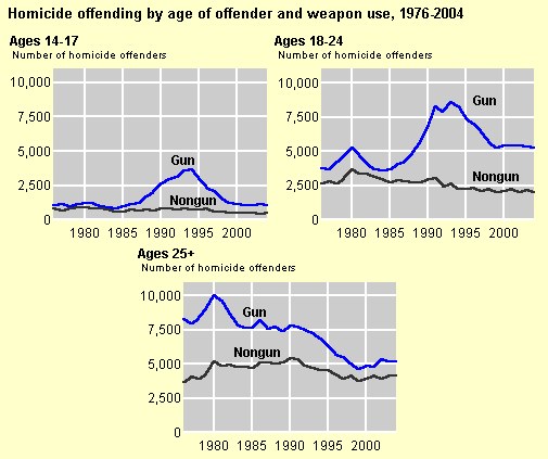 Diagramm, das die Homicide-Offending-Rates nach Alter des Täters und Waffengebrauch von 1976 bis 2004 zeigt, mit begleitendem erklärendem Text.