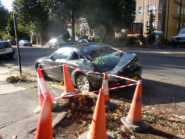 Verwahrloster Wagen am Stra├čenrand mit orangen Verkehrskegeln, B├Ąumen und Geb├Ąuden im Hintergrund unter einem klaren blauen Himmel.