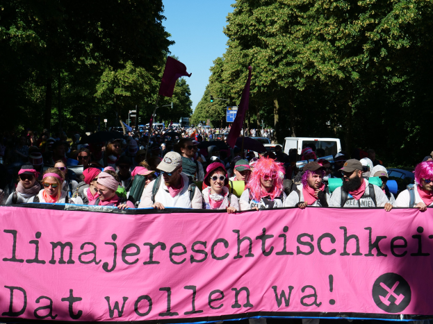 Eine Gruppe von Menschen marschiert die Straße entlang, hält eine pinkfarbene Banner mit der Aufschrift "Women's March in Berlin", einige tragen Mützen und Schutzbrillen, andere halten Fahnen, vor einem Hintergrund aus Bäumen, Fahrzeugen und Himmel.
