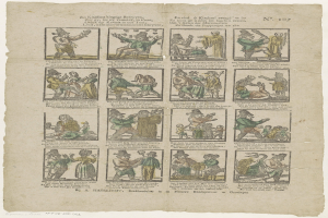 Eine Buchseite mit einer Zeichnung eines verzweifelten Mannes mit Hut und Frau im Kleid inmitten einer hitzigen Diskussion, umgeben von Text und zusätzlichen Bildern.