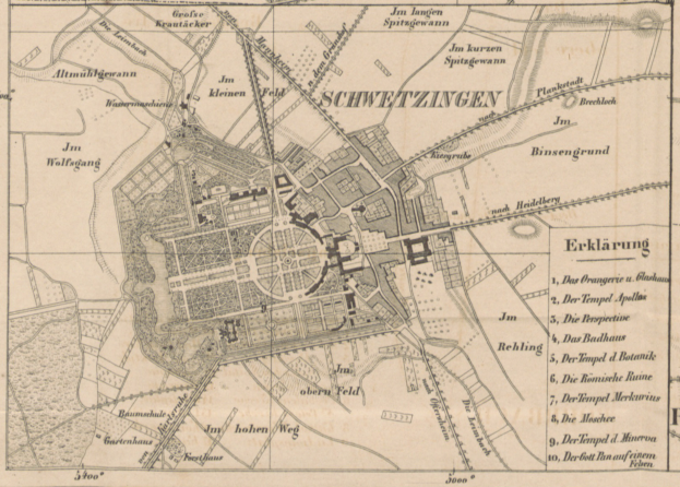 Ein detaillierter alter Stadtplan von Schwerin, Deutschland, der Straßen, Gebäude, Sehenswürdigkeiten und Text enthält, der Informationen über die Bevölkerung, Sehenswürdigkeiten und Straßen der Stadt liefert.
