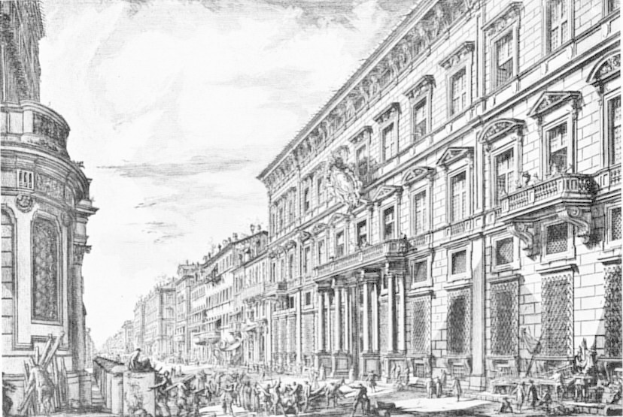 Schwarze und weiße Zeichnung einer belebten Stadtstraße mit Fußgängern, Gebäuden, Fenstern, Säulen und Skulpturen unter einem bewölkten Himmel, mit Text unten, der New York-bezogene Begriffe auflistet.