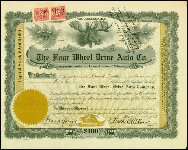 Rahmung Aktienzertifikat für Four Wheel Drive Auto Co. mit goldenem Siegel, Text, numerischen Werten und mehrfarbigen Stempeln.