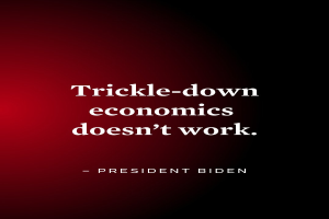 Plakat mit fetter schwarzer Schrift "Trickle-Down Economics Doesn't Work" auf einem weißen Hintergrund, eingerahmt von einem dünnen schwarzen Rand, begleitet von einem Zitat des Präsidenten Biden.