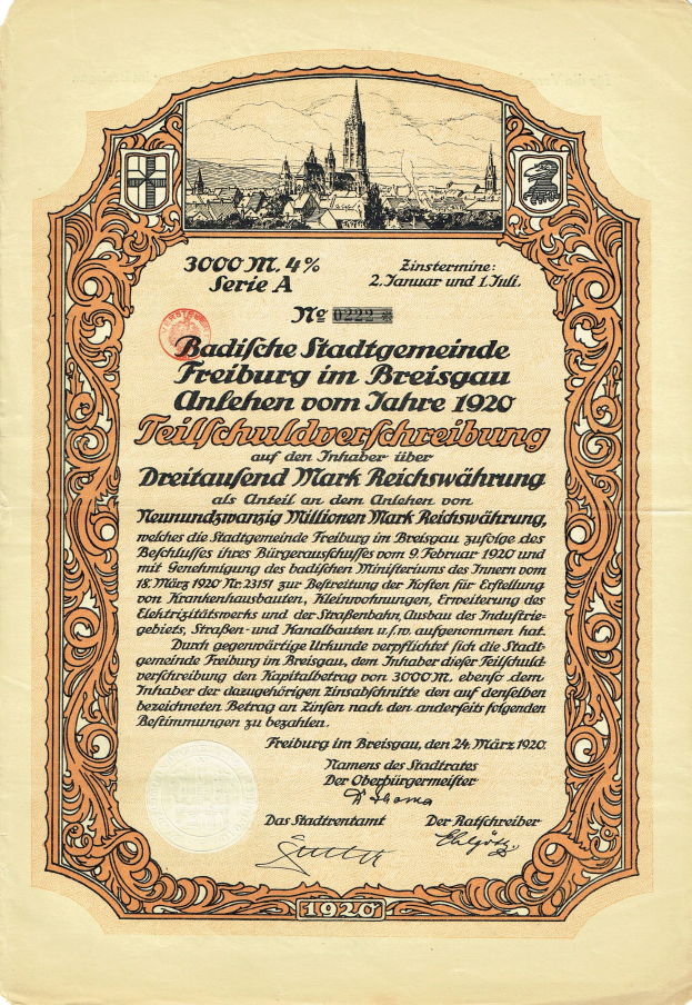 Ein altes deutsches Aktienzertifikat mit einer Stadtansicht-Illustration und bedrucktem Text über die Herkunft des Aktienzertifikats.