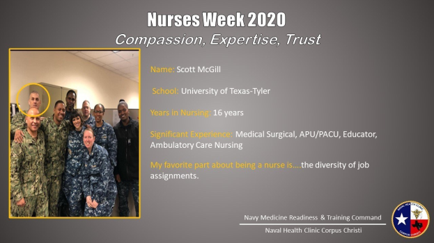 Eine Gruppe von Menschen, die auf der linken Seite lächeln, mit einer Wand und einer Decke im Hintergrund, und ein Text, der "Krankenpflege-Woche 2020: Mitgefühl, Expertise, Vertrauen" lautet, mit einem Logo auf der rechten Seite.