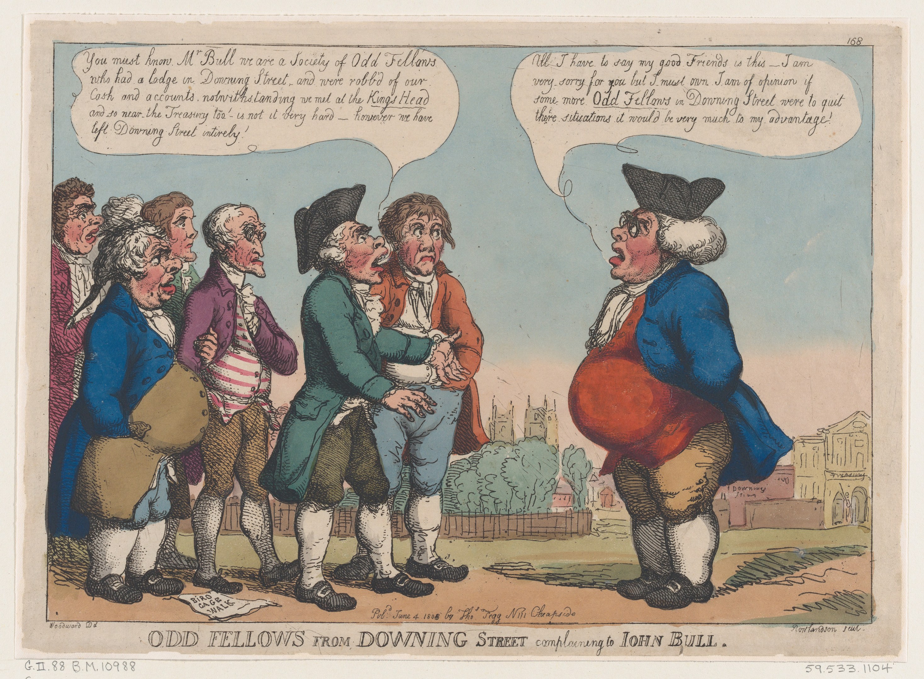 Zeichnung von Menschen vor einem Gebäude mit Bäumen und Himmel, mit Text unten: "odd fellows from downing street complaining to John Bull".