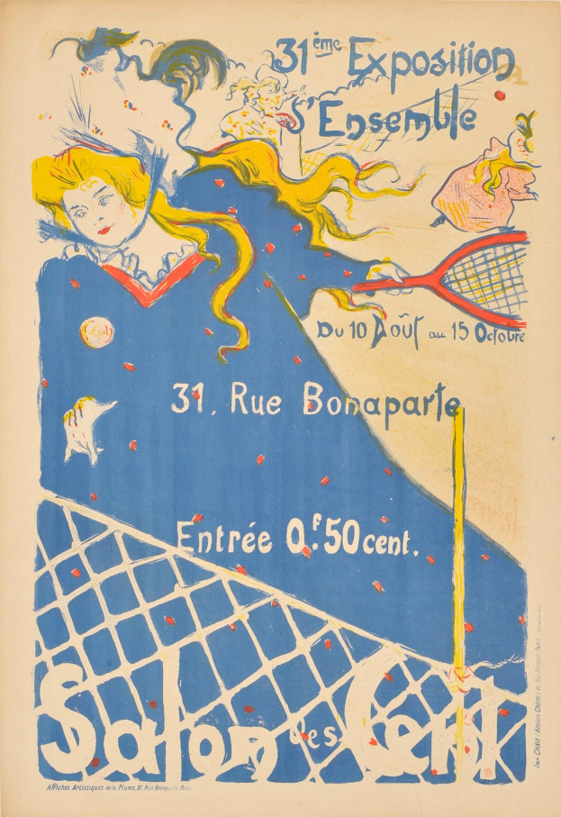 Eine Frau mit entschlossener Miene hält einen Tennis-Schläger auf einem Plakat, das ein Tennisturnier ankündigt, mit Text, der das Ereignis beschreibt.