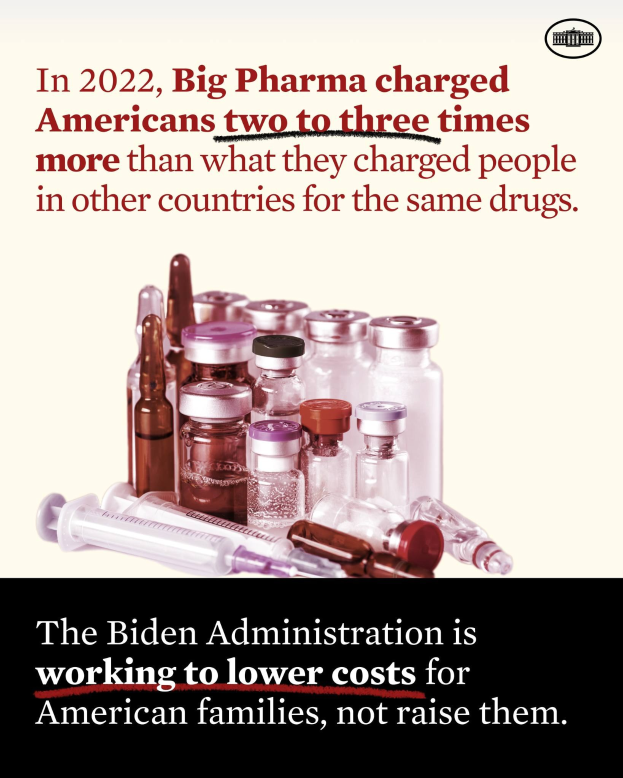 Ein Plakat mit dem Text "Big Pharma hat Amerikanerinnen und Amerikanern 2022 zwei bis drei Mal so viel für dieselben Medikamente berechnet wie in anderen Ländern" unten, neben ein paar Medikamentenflaschen und einer Spritze.