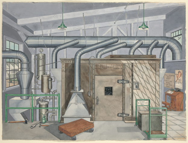 Ein detailliertes industrielles Zeichnung eines Fabrikinneren mit Maschinen, Rohren, einem Karren, Möbeln, einem Schild mit der Aufschrift "American Foundry Equipment Co, Indiana" und Deckenbeleuchtung.