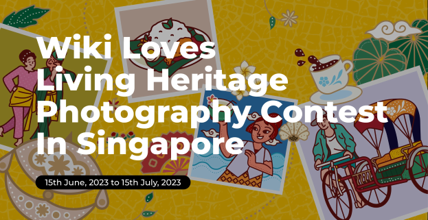 Plakat für "Wiki Loves Living Heritage Photography Contest in Singapore" mit Bildern von Menschen, einem Rikscha, einer Tasse mit Untertasse und anderen Gegenständen.