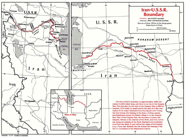 Detailierte Plakatkarte der iranisch-sowjetischen Grenze mit geographischen Merkmalen und Landesgrenzen, begleitet von erklärendem Text.