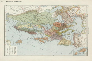 Eine Karte von Europa aus dem 19. Jahrhundert, die politische Grenzen zeigt und auf Papier mit Text oben und unten gedruckt ist.
