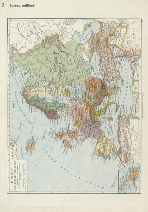 Eine Karte von Europa aus dem 19. Jahrhundert, die politische Grenzen zeigt und auf Papier mit Text oben und unten gedruckt ist.