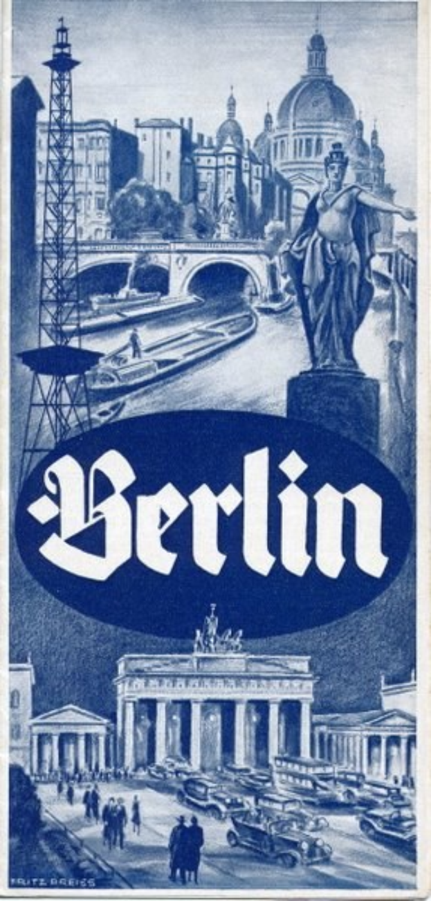 Plakatwerbung Berlin, Deutschland, mit einer Statue, Gebäuden, einem Turm, Menschen, Fahrzeugen auf der Straße und einer Brücke mit Text zur Stadtinformation.