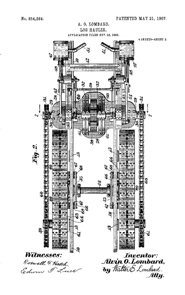 Eine Patentzeichnung einer Maschine mit einer angehängten Kette, beschriftet mit 'Lombard Log Hauler Patent 854,364'.