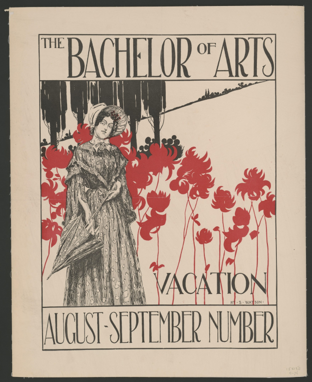Plakat mit schwarzem Hintergrund, das eine Frau in einem weißen Kleid mit blauer Stola und weißem Federhut zeigt, die in einem Feld gelber Blumen unter einem blauen Himmel steht, Text lautet "The Bachelor of Arts Vacation August-September Number" in weißer fetter Schrift mit goldenem Rahmen.