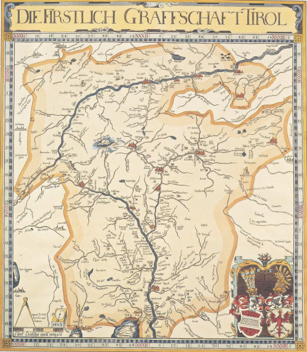 Ein detailliertes historisches Plakat der ersten Grafschaft Tirol-Karte mit geografischen Merkmalen wie Flüssen, Bergen und Städten sowie begleitendem Text.