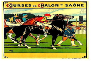 Plakat, das ein Pferderennen mit Jockeys auf Pferden zeigt, umgeben von einer Menge, einem Zaun, Bäumen und einem bewölkten Himmel, mit Text, der die Rennstrecken beschreibt.